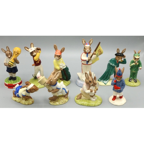 687 - Royal Doulton Bunnykins sporting figures: Winners Trophy 2006 DB409, Boy Skater DB187, Olympic DB28,... 