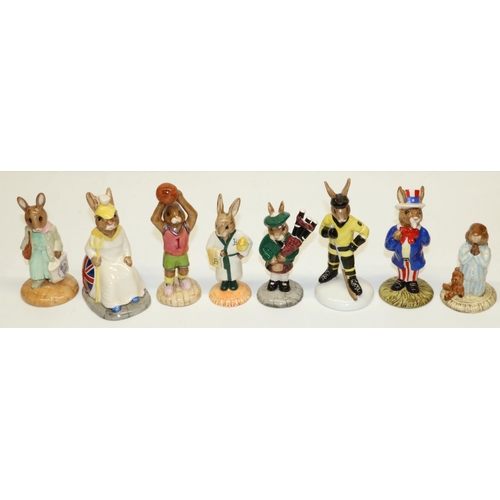 694 - Royal Doulton Bunnykins figures: Bedtime DB55, Uncle Sam DB50, Bathtime DB148, Britannia DB 219 UKI,... 