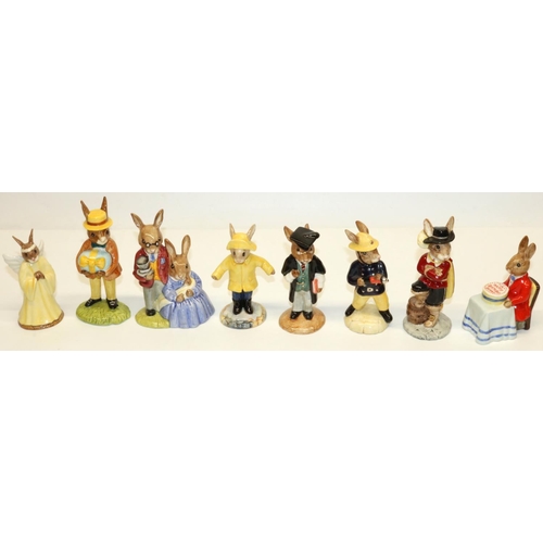 697 - Royal Doulton Bunnykins figures: Mr Bunnykins at the Easter Parade DB18, Happy Birthday DB21, Rainy ... 