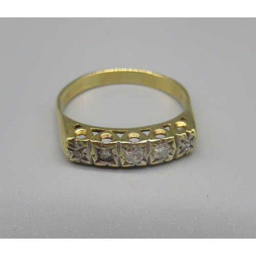 778 - Unmarked yellow metal ring set with five diamonds in illusion settings, size Q, 3.5g