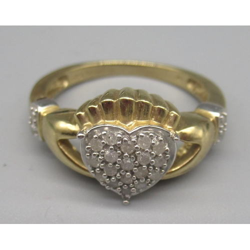 779 - 9ct yellow gold Claddagh ring, the heart set with diamond chips, stamped 375, size U1/2, 5.0g