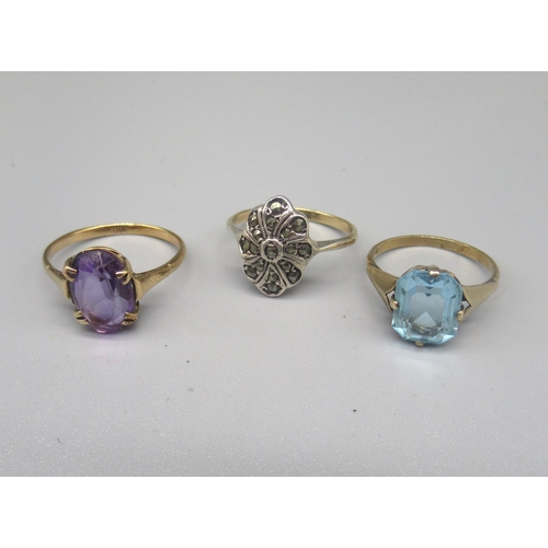 783 - 9ct yellow gold ring set with oval purple stone, size P1/2, another similar set with blue stone, siz... 