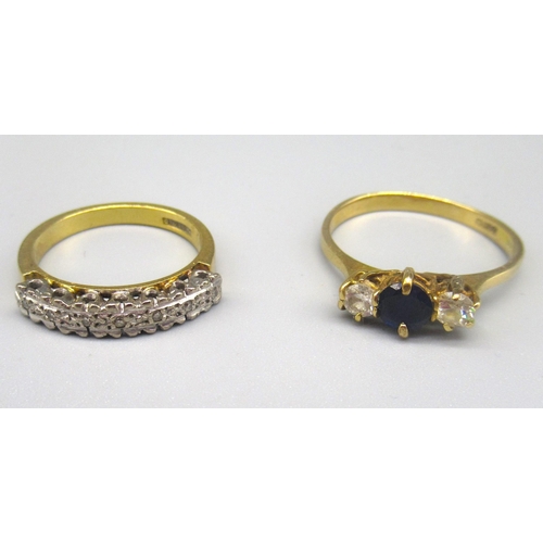 791 - 18ct yellow gold ring with illusion set diamonds, stamped 18ct, size T, and an 18ct yellow gold sapp... 