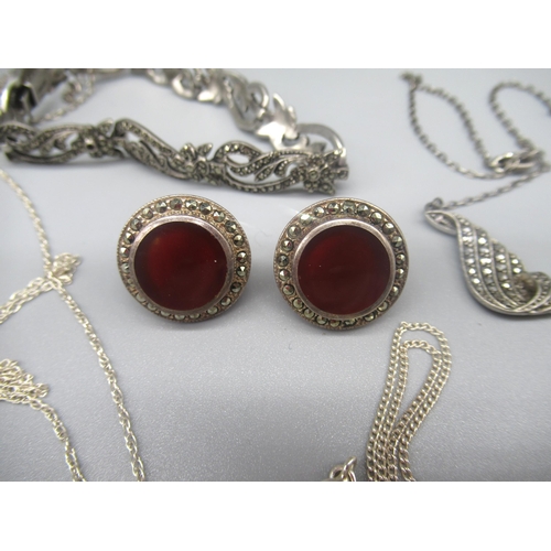 794 - Pair of silver earrings set wit polished circular red stone and marcasite, and other silver jeweller... 