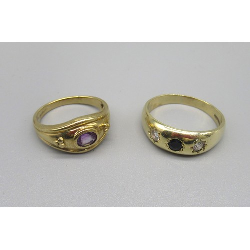 777 - 9ct yellow gold ring set with oval cut purple stone, size M1/2, and a 9ct yellow gold gypsy ring set... 