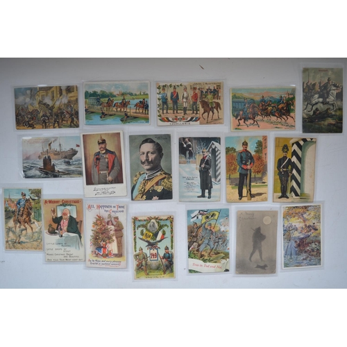 218 - Collection of mostly military related vintage cigarette cards, postcards and stamps incl. Players Mi... 