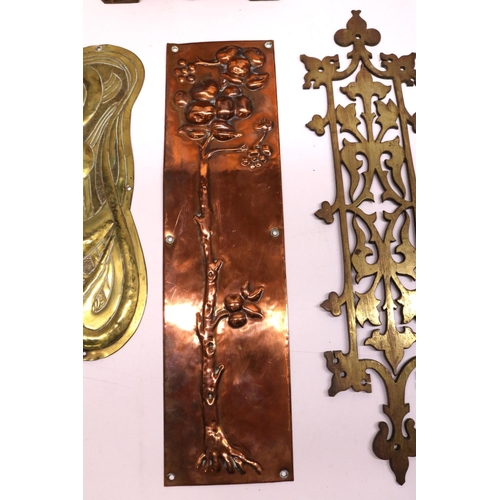 332 - Two Arts & Crafts door finger plates, one  copper decorated with an apple tree H30.5cm; four Gothic ... 