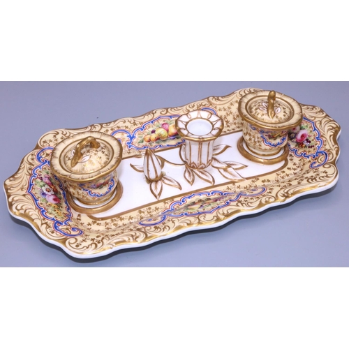 335 - Copeland and Garrett inkstand pattern 5193, with central taperstick and twin inkwells, all-over gilt... 