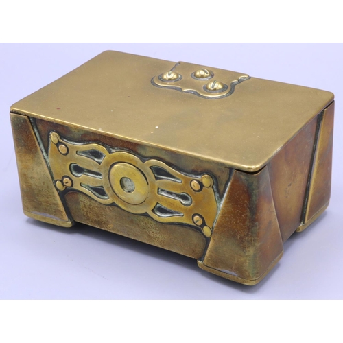 337 - Arts and Crafts brass box with riveted decoration, the hinged lid with wood lined interior, 12.5 x 7... 