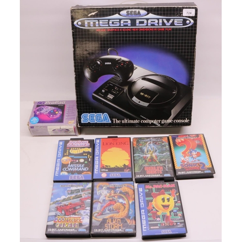 724 - 16 Bit Sega Mega Drive games console with SV-434 SG ProPad  and seven games.