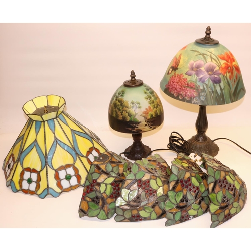 730 - Two Art Nouveau style table lamps with painted glass shades H54cm & H34cm, Liberty style centre ligh... 