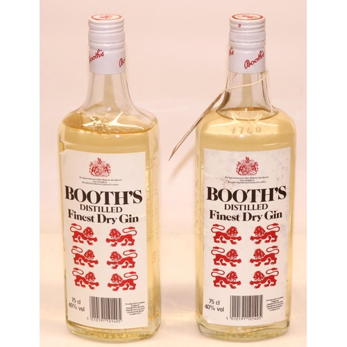 736 - Two 75cl bottles of Booth's Distilled Finest Dry Gin 40% proof.