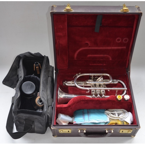 62 - Besson Sovereign silver plated cornet with mother of pearl inlaid finger buttons, no. BE928-875491 w... 