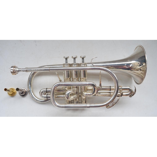 62 - Besson Sovereign silver plated cornet with mother of pearl inlaid finger buttons, no. BE928-875491 w... 