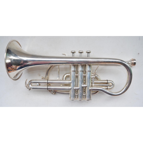 62 - Besson Sovereign silver plated cornet with mother of pearl inlaid finger buttons, no. BE928-875491 w... 