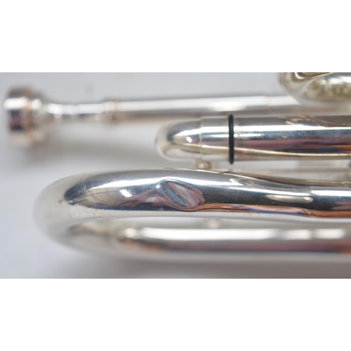 62 - Besson Sovereign silver plated cornet with mother of pearl inlaid finger buttons, no. BE928-875491 w... 