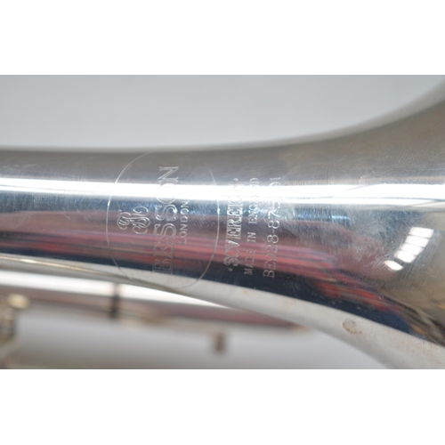 62 - Besson Sovereign silver plated cornet with mother of pearl inlaid finger buttons, no. BE928-875491 w... 