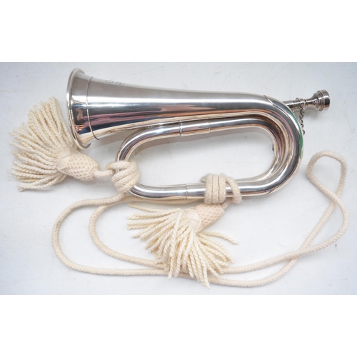 63 - Boosey & Hawkes silver plated bugle no. 400 with Denis Wick mouthpiece and carry bag, bugle in excel... 