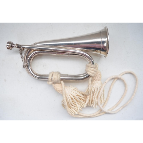 63 - Boosey & Hawkes silver plated bugle no. 400 with Denis Wick mouthpiece and carry bag, bugle in excel... 