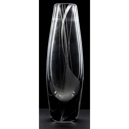 129 - Mid C20th Orrefors clear glass sail vase designed by Per Lutken, with etched abstract design, etched... 