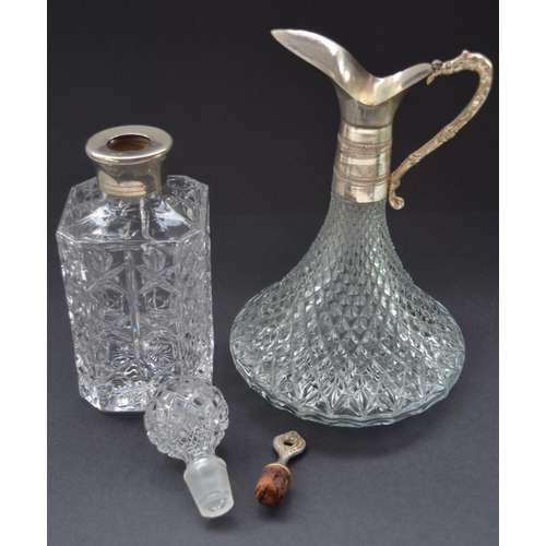 69 - Collection of glassware incl. 2 decanters with silver plate tops, and 2 small Royal Crown Derby pots... 