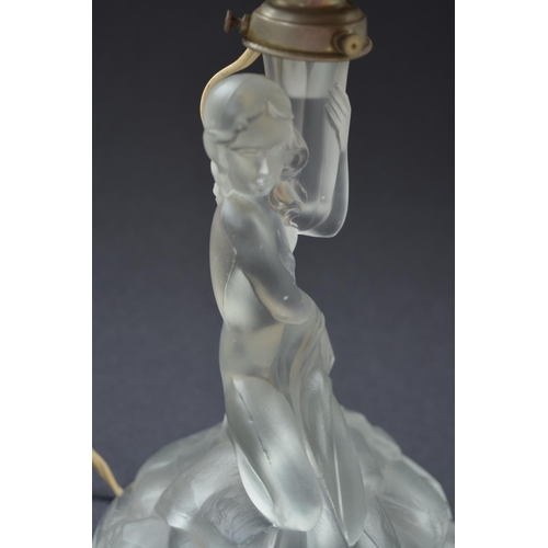 70 - Art deco style frosted table lamp by Walther & Sohne of Rotterdam modelled as a woman holding a peac... 