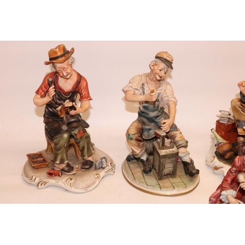 110 - Capodimonte figure groups, comprising a blacksmith H26cm, cobbler H26cm, woman with spinning wheel, ... 