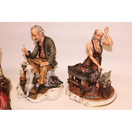 110 - Capodimonte figure groups, comprising a blacksmith H26cm, cobbler H26cm, woman with spinning wheel, ... 