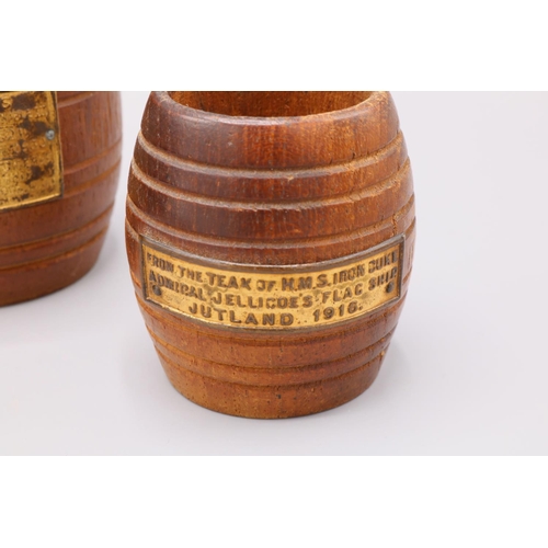 133 - Two miniature ships wood teak barrels from HMS Ganges broken up at Plymouth 1930, H7.5cm; HMS Iron D... 