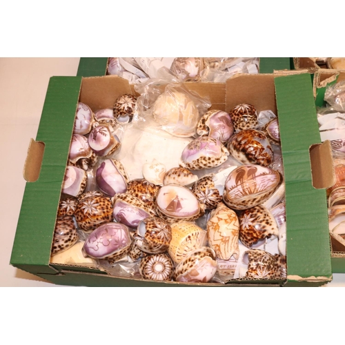 145 - Large collection of carved souvenir cowrie shells and other shells (4 boxes)