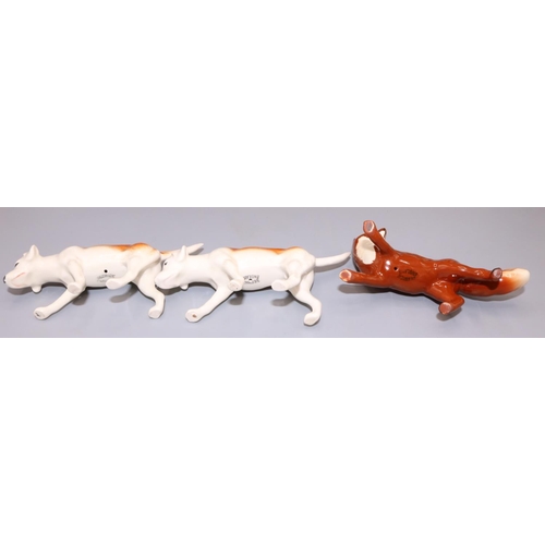 74 - Beswick hunting figures: standing huntsman on bay horse, huntswoman on dapple grey horse, fox, and s... 