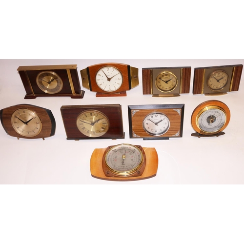 472 - Metamec 8 day mahogany and brass bound mantle clock, two tone gold coloured dial, W27cm; six retro M... 