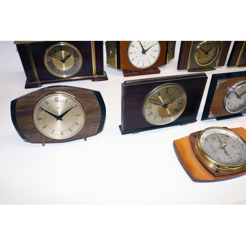 472 - Metamec 8 day mahogany and brass bound mantle clock, two tone gold coloured dial, W27cm; six retro M... 