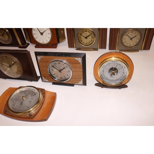 472 - Metamec 8 day mahogany and brass bound mantle clock, two tone gold coloured dial, W27cm; six retro M... 