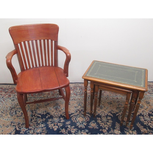 745 - C20th Office open arm chair on angular cabriole legs and a nest of three coffee tables on fluted leg... 