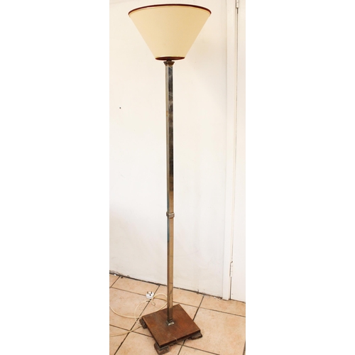 155 - 1930s Art Deco uplighter standard lamp, chromed geometric column on stepped oak base, max H173cm