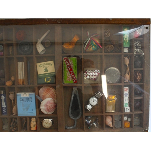 160 - C20th wooden printers tray filled with curios and trinkets, W82cm x H38cm, and two similar smaller t... 