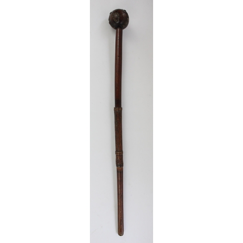 177 - African hardwood knobkerrie, globular head set with metal studs, H72cm