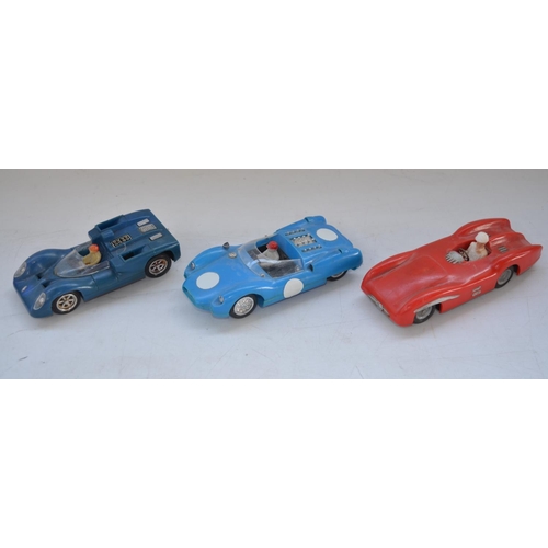 508 - Three vintage plastic racing car models to include Blue Bird Toys No 702 Chaparral 2E (friction powe... 