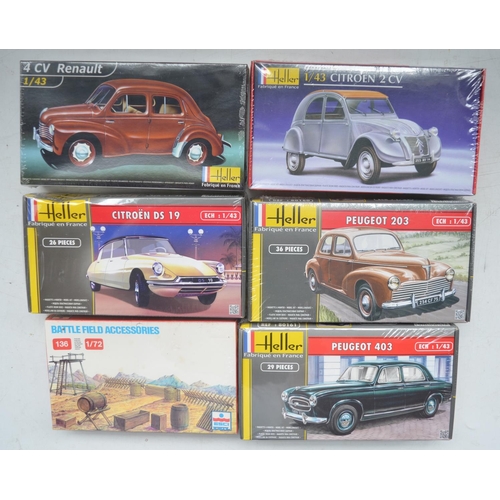 514 - Six factory sealed model kits incl. 5 Heller 1/43 car models (4CV Renault, Citroen 2CV, Citroen DS19... 