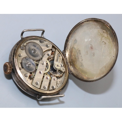 229 - Swiss WWI silver trench watch, white enamel dial skeletonised Arabic numerals and subsidiary seconds... 