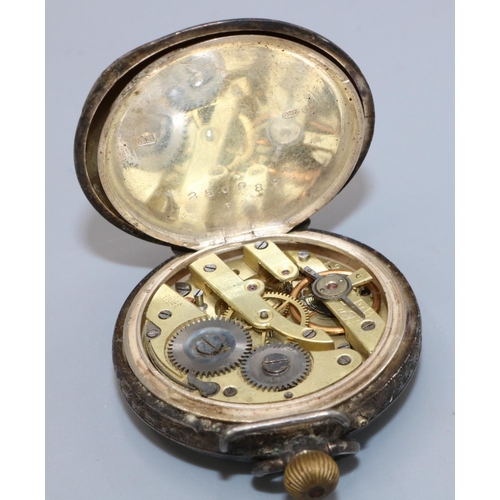 229 - Swiss WWI silver trench watch, white enamel dial skeletonised Arabic numerals and subsidiary seconds... 