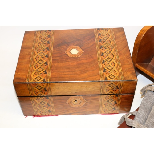 392 - Victorian Tunbridge banded and mother-of-pearl inlaid walnut sewing / work box A/F, two vaseline gla... 