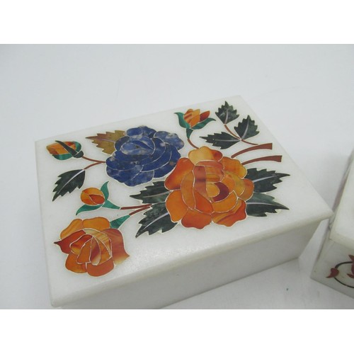 259 - WITHDRAWN C20th Indian alabaster table box with pietra dura decoration, W13.4cm D9cm H4.2cm, similar... 