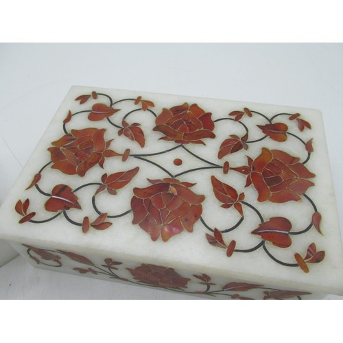 259 - WITHDRAWN C20th Indian alabaster table box with pietra dura decoration, W13.4cm D9cm H4.2cm, similar... 