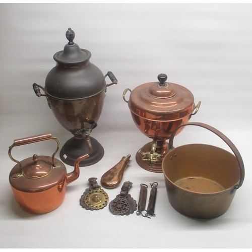 315 - C20th brass samovar, another brass & copper samovar, brass jam pan, copper kettle, copper & brass Ba... 