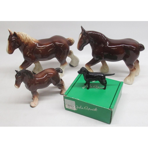 346 - Boxed Beswick black Labrador and 3 Shire horse figures (4)