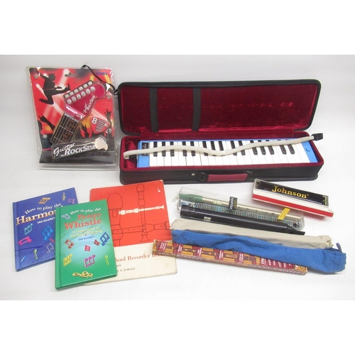 419 - Cased Gremlin blue key melodica, Johnson harmonica, 2 flutes, a penny whistle, Feadog irish whistle,... 