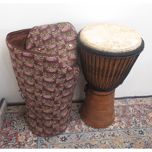 420 - Djembe wood drum with coloured carry bag, H67cm