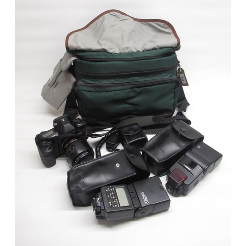 498 - Canon EOS 3 with 28-105mm Ultrasonic lens and a  photographers carry bag cont. flashes, lens cleaner... 